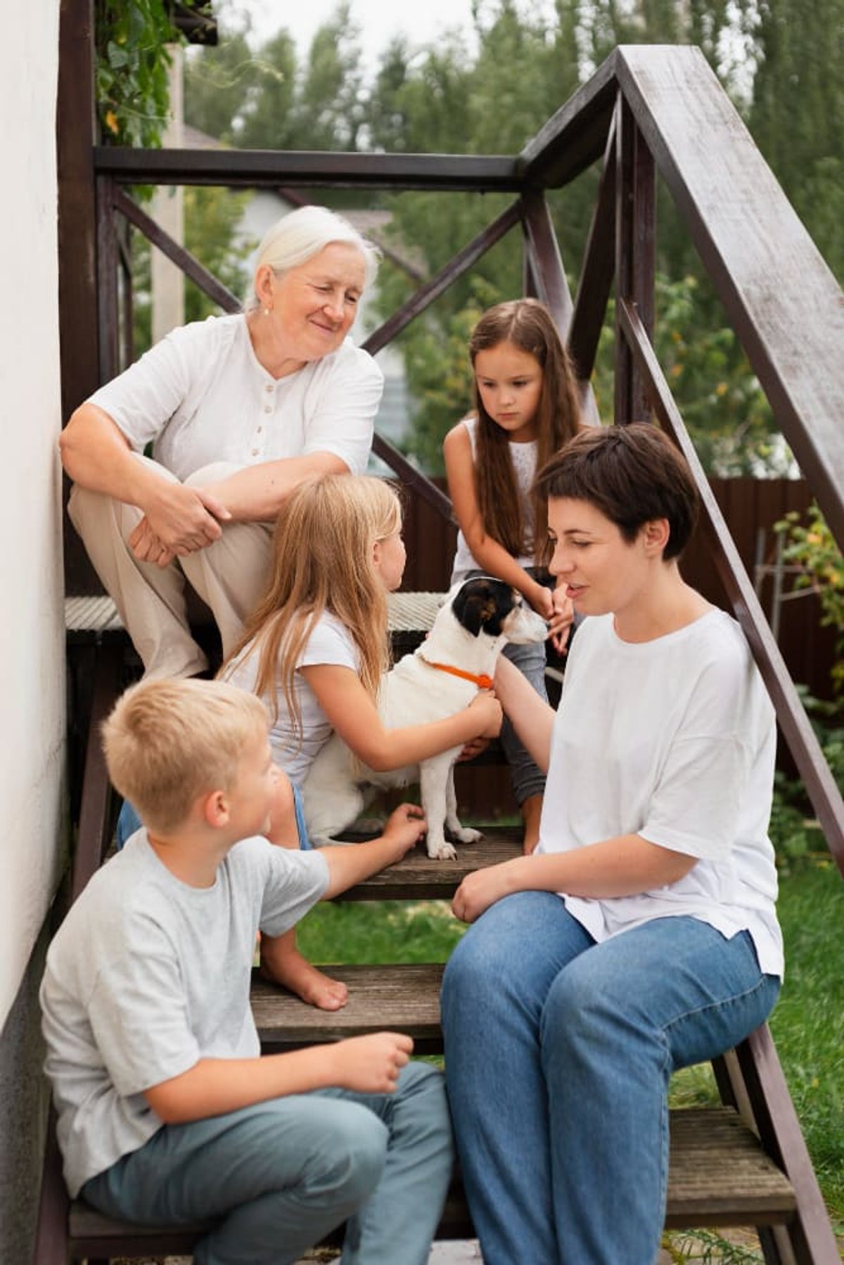 Three generations of a family together with their dog at home