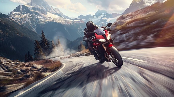 Motorcycle leaning through a curve on a mountain road