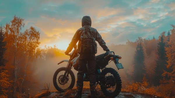 Rider standing with their motorcycle at sunset