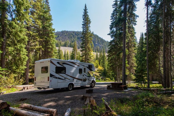 RV parked at a forested campsite below the mountains