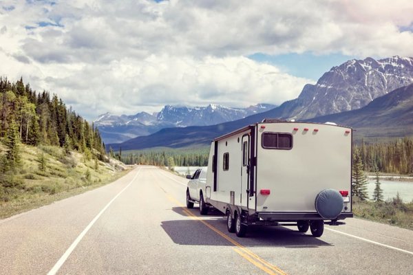 Travel trailer on a Colorado mountain road